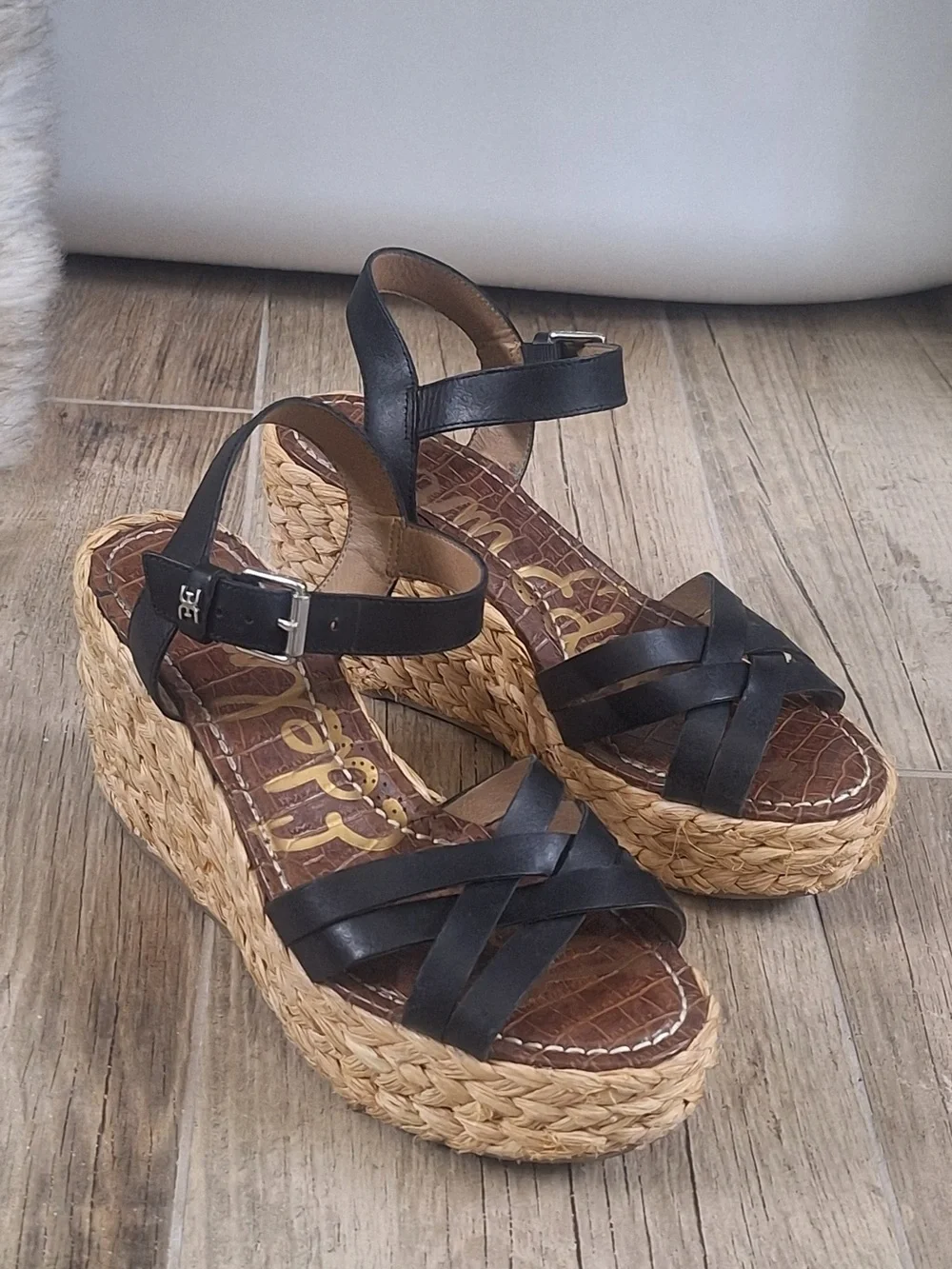 Sam Edelman Black Leather Espadrille Wedge Sandals Women’s Size 8.5